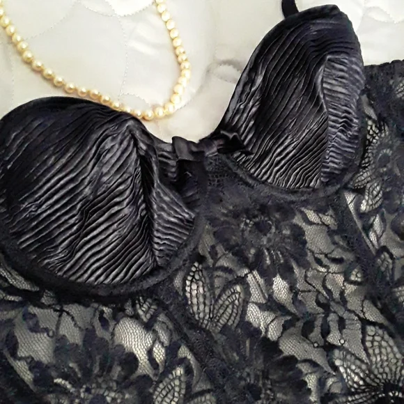 90s La Perla Bustier & Thong, Pleated (Plisse), Dark Navy, Sz 32 & 2 ITALY - Picture 4 of 16